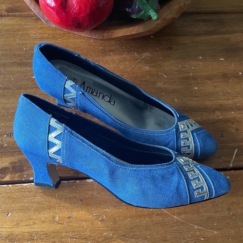 Vintage 80s Amanda Denim Blue Silver Pumps Heels Shoes Size 8.5